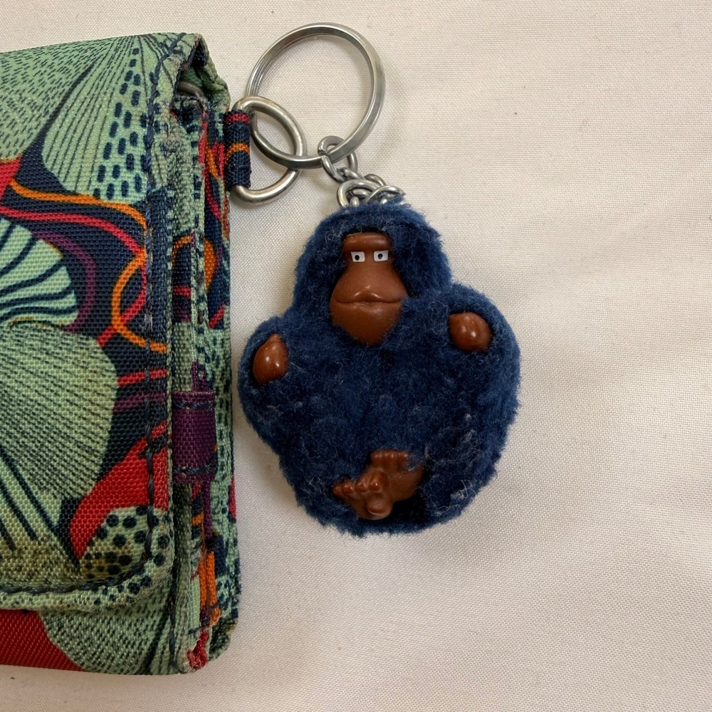 Kipling Floral Nylon Trifold Wallet Red Green Purple with Monkey Keychain - Picture 4 of 11